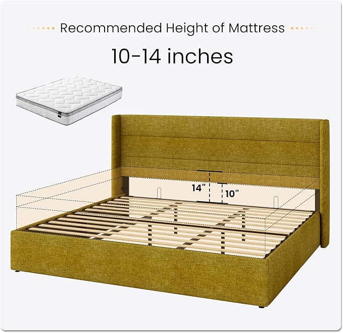 SHA CERLIN King Size Lift Up Storage Bed/Modern Wingback Headboard/Upholstered Platform Bed Frame/Hydraulic Storage/No Box Spring Needed/Wood Slats Support/Olive Yellow