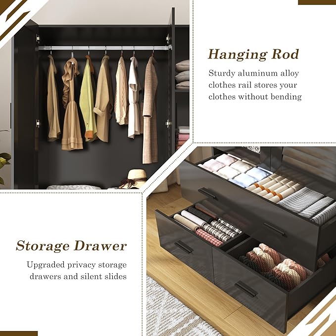 jiteentarou 3 Door Armoire Wardrobe Closet Cabinet with Drawers and LED Lights, Multi-Tier Shelves, Hanging Rod & 3 Louver Doors, Large Capacity Storage Wardrobe Armoire for Bedroom(3 Doors Black)
