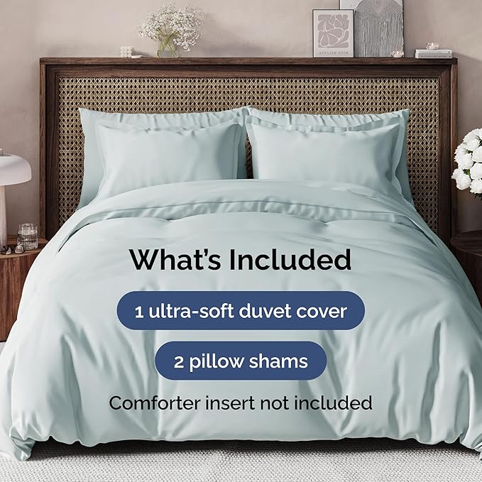 Duvet Cover Queen Size Set - Extra Soft Queen Duvet Cover 90" x 90" with 2 Pillow Shams - Hotel Luxury, Easy Care & Fade Free w/ Zipper Closures & Ties - All Season, Comfy and Breathable (Ice Blue)