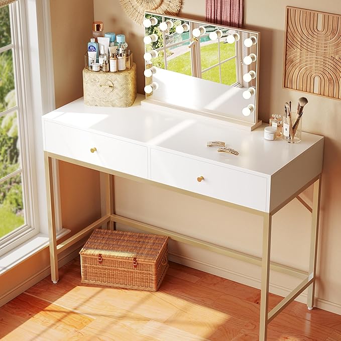 SUPERJARE 39.4" White and Gold Desk with 2 Drawers, Modern Makeup Vanity Desk, Small Computer Desk Home Office Desk for Writing Study Bedroom