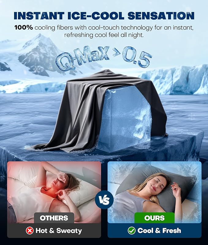 Ultra-Chill Cooling Pillowcase Set of 2 for Hot Sleepers, Softer Than Silk Pillow Cases for Protecting Hair & Skin, Breathable Bed Pillow Covers w/Zipper, Gifts for Women Men(Dark Gray, Queen)