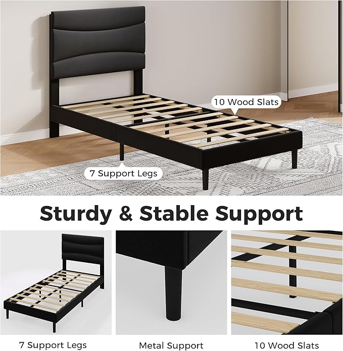 GarveeHome Twin XL Modern Upholstered Bed Frame with Soft Padded Headboard,Sturdy Metal Steel Slat Support, Noise-Free Quiet Design,Easy Assembly,Heavy Duty Stable Bed Frame(Black)