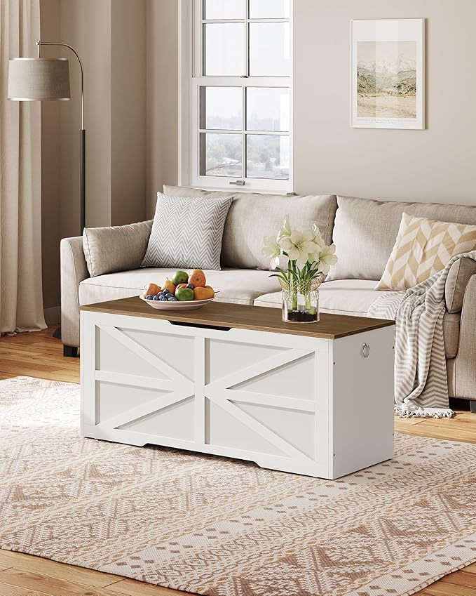 CHOEZON Storage Chest, 43.3" Toy Chest Storage, Farmhouse Storage Bench with Safety Hinge, Storage Trunk, for Bedroom, Living Room, Walnut and White MCW11WL