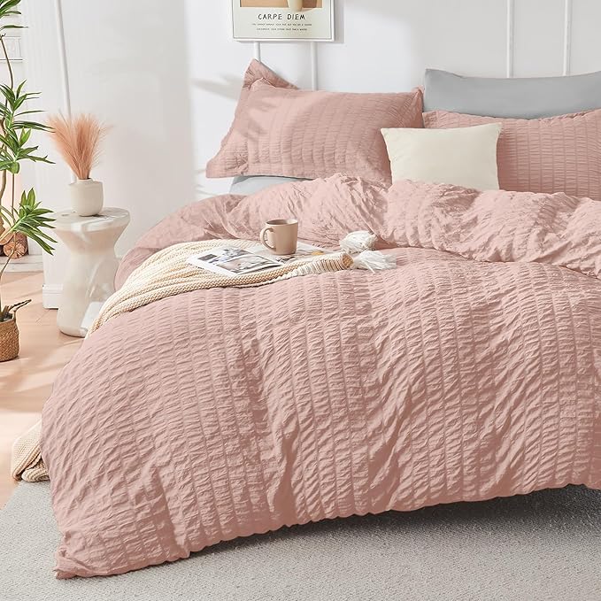 HYMOKEGE Rose Gold/Light Grey California King Comforter Set Seersucker 7 Pieces, All Season Luxury Bed in a Bag for Bedroom, Bedding Set with Comforter, Sheets, Pillowcases & Shams