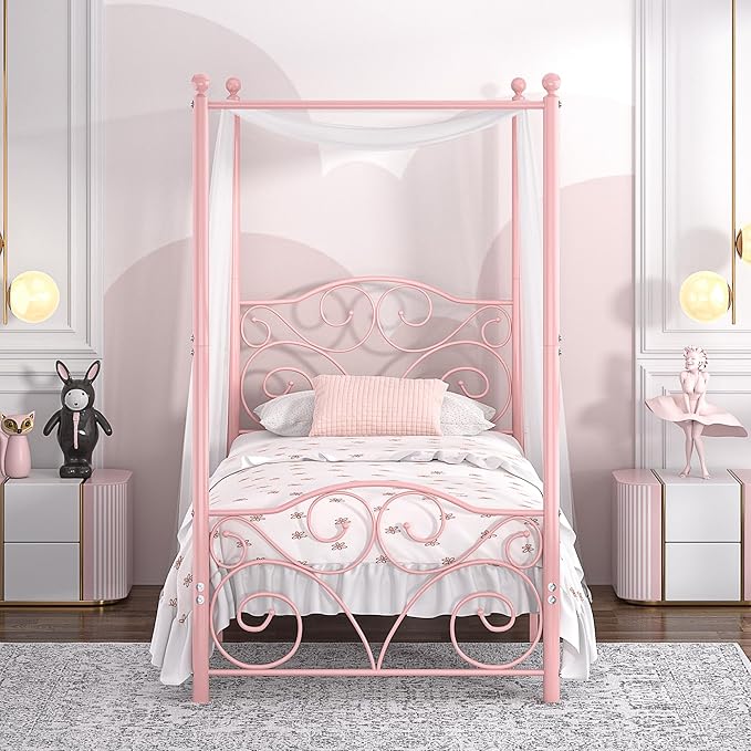 VECELO Metal Canopy Bed Frame Twin Size, 4 Posters Platform Mattress Foundation with Headboard, Heavy Duty Steel Slats Support, No Box Spring Needed, Pink