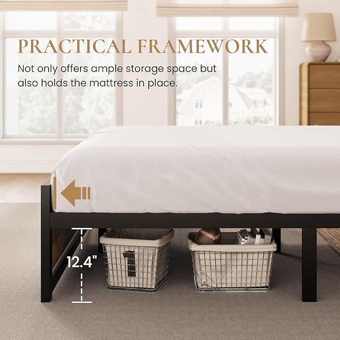 SHA CERLIN King Size Bed Frame with Modern Headboard, Heavy Duty Platform Metal Base with Footboard and 13 Slats Support, No Box Spring Needed, Brown
