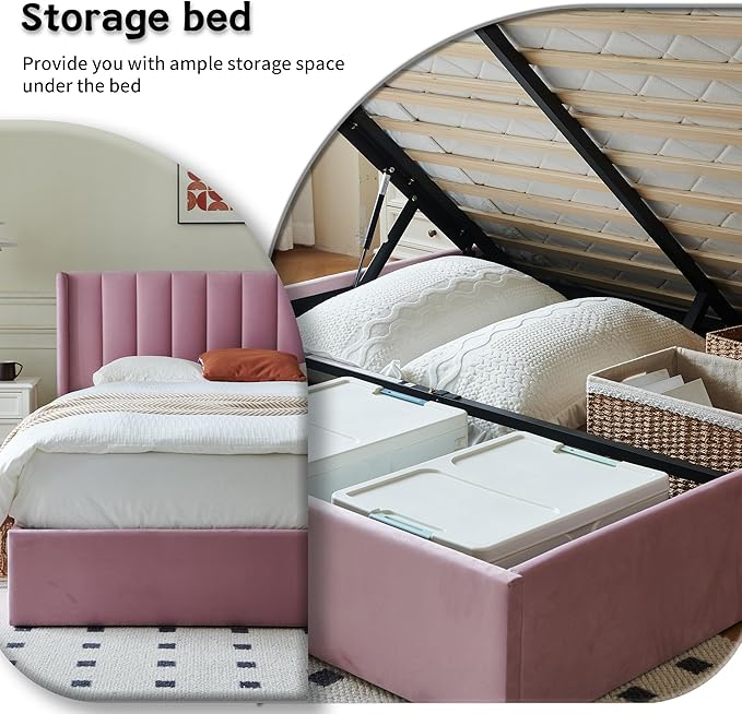 YUHUASHI Queen Size Hydraulic Storage Bed, Upholstered Platform Bed Frame, Modern Wingback Design Headboard, Velvet Fabric with Hydraulic Support Bars, No Box Spring Required (Pink, Full)