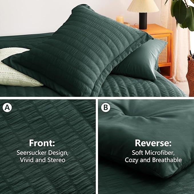 CozyLux Oversized King Comforter Set Forest Green Seersucker 7 Pieces 120x98 Bed in a Bag Comforter Set with Sheets, Luxury Bedding Sets with Down Alternative Comforter, Sheets, Pillowcases & Shams