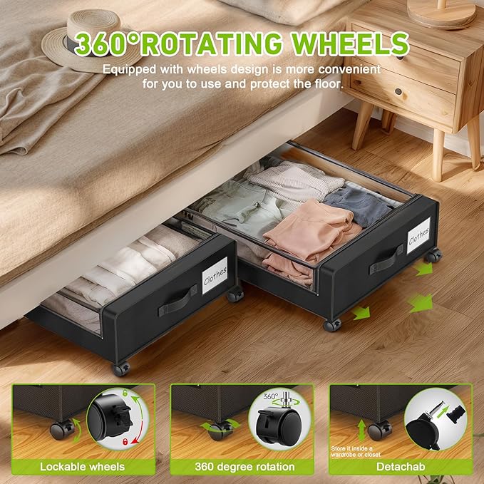 YAASHEEN Under Bed Storage with Wheels, 2-Pack Under the Bed Storage Containers with Clear Lids & Label, Underbed Storage Bins, XXL 60L Rolling Metal Drawer for Clothes, Shoes, Toys, Books - Black