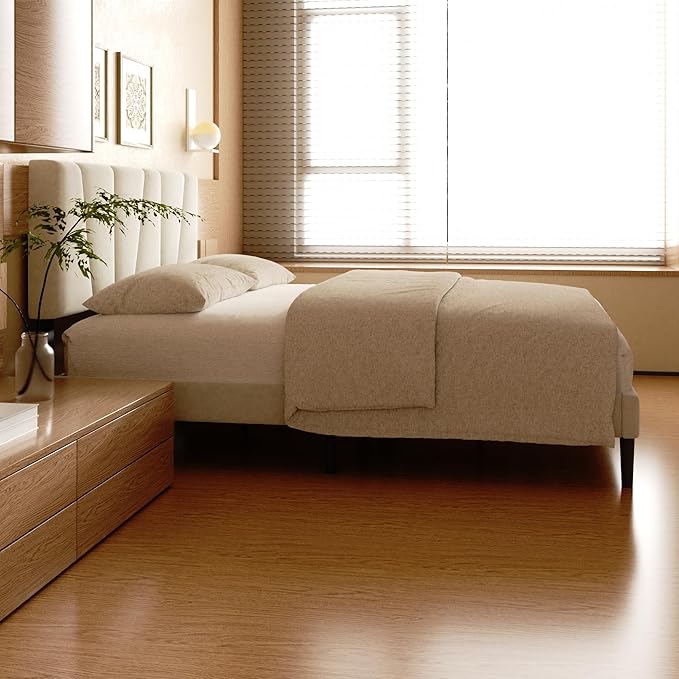 Full Size Bed Frame, Linen Upholstered Platform Bed with Headboard, Strong Wooden Slats Support, Noise-Free Mattress Foundation, No Box Spring Needed, Easy Assembly, Beige