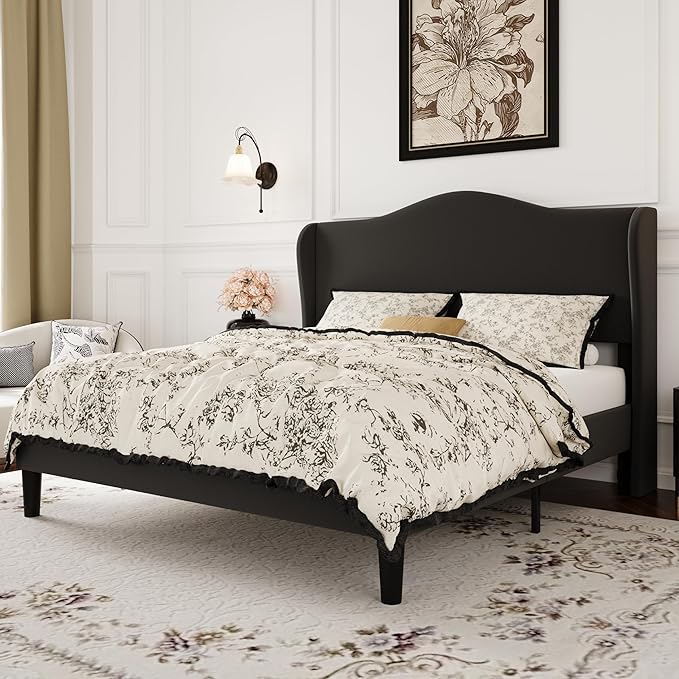 SHA CERLIN Full Size Velvet Platform Bed Frame with Elegant Wingback Headboard, Modern & Luxurious Design, Sturdy Wooden Slats, No Box Spring Required, Easy Assembly, Noise-Free, Soft Black