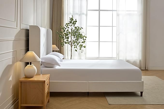 GDFStudio Tall Headboard Upholstered Bed,King Size Platform Bed Frame with Headboard Wingback,54" High No Box Spring Needed Easy Assembly Elegant Simplicity Cream White Chenille