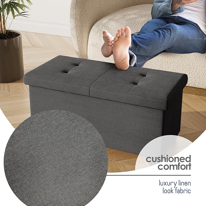 Storage Ottoman Bench with Bins, 30-in Storage Bench for Bedroom End of Bed, Folding Foot Rest Ottoman for Living Room Max 660lbs, Fabric Ottomans, Grey