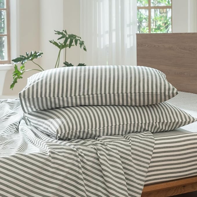 MooMee Striped Duvet Cover Set 100% Washed Cotton Linen Like Textured Breathable Durable Soft Comfy (Heathered Green Classic Stripes, Oversized King Plus 128"x120")
