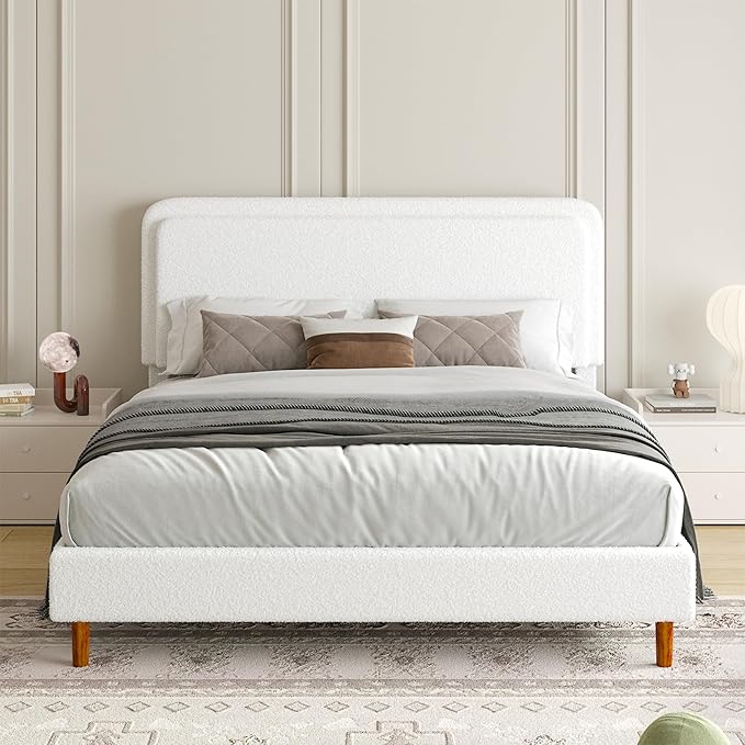 Queen Size Boucle Platform Bed Frame with Adjustable Headboard, Upholstered Cloud Bed, Solid Wooden Legs, Easy Assembly, No Box Spring Needed, White