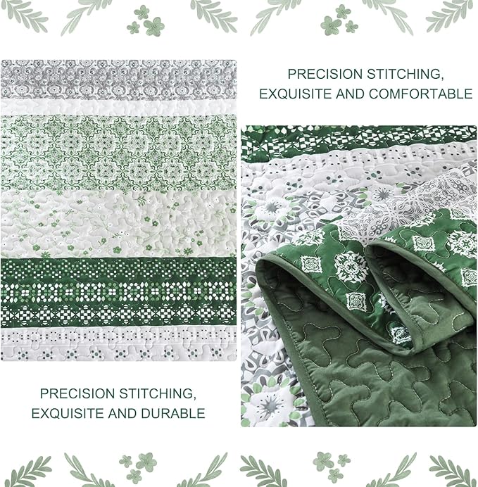 WONGS BEDDING Green Quilt Set King Size,Boho Striped Patchwork Bedspread Coverlet Set,3 Pieces Microfiber Bedding Set for All Seasons (104"×90")