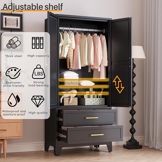 RIETERN Metal Armoire Wardrobe Closet, 71" Tall Bedroom Closet with Mirror, 2 Drawers, Adjustable Shelves, and Hanging Rod, Steel Clothes Closets and Storage, for Bedroom Black