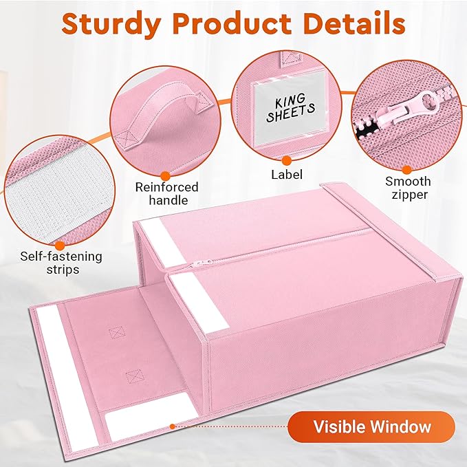 StorageTastic 4 Pack Bed Sheet Closet Organizers and Storage,Sturdy Foldable Storage Containers with Window and Label,Storage and Organization for Bedding Sheets,Duvet Covers,Blankets (Pink)