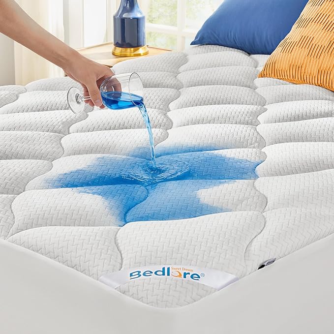 BEDLORE Waterproof King Mattress Pad, Quilted Fitted Mattress Topper with Deep Pocket 6"-18", Breathable & Noiseless Mattress Protector Bed Cover Padded, Machine Washable