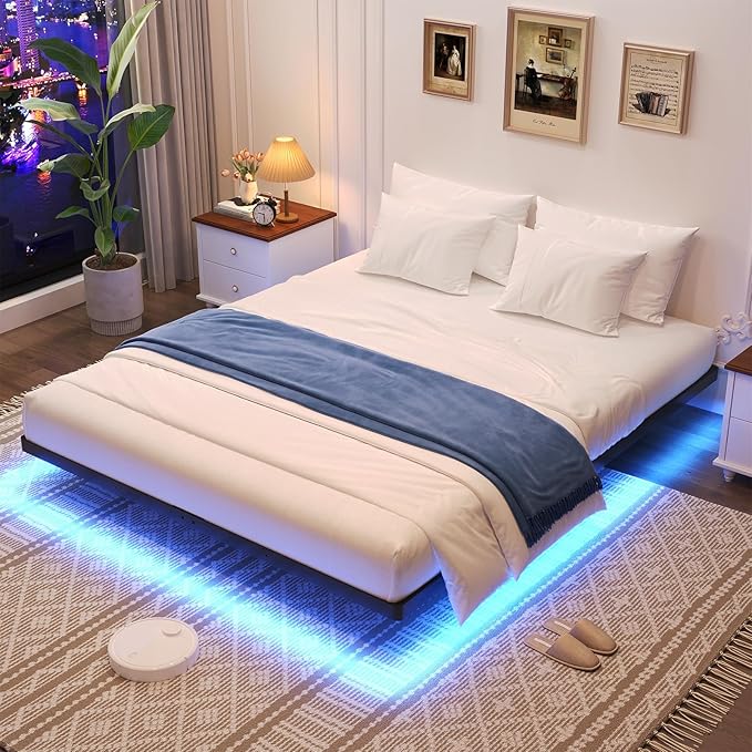 Awesofurni Floating Bed Frame Queen Size, Queen Bed Frame with Smart LED Lights, Heavy Duty Modern Metal Platform Bed No Box Spring Needed - Easy Assembly and Noise Free
