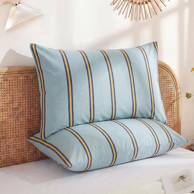 Merryword Queen Size Pillowcases, 100% Cotton Pillow Cases, Green and Orange Striped Pillowcases, Luxury Linen Like Pillowcase, Soft Breathable Wide Stripe Pillow Covers, Set of 2