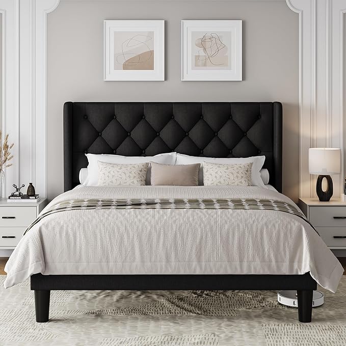 Einhomn Black Platform Bed Frame Full Size with Fabric Upholstered Wingback Headboard, 12" Under Bed Space, Wooden & Metal Slats Support, No Box Spring Needed