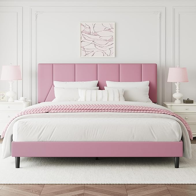 Queen Bed Frame, Padded Platform Bed Frame with Velvet Headboard, Vertical Quilted Design, Sturdy Slatted Mattress Base, No Spring Mattress Required, Easy to Assemble, Pink