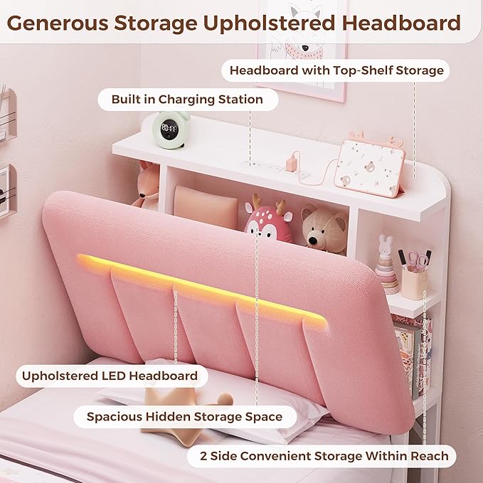 Twin Bed Frames with Storage Headboard for Kids/Girls, Upholstered Black Bed Frame Twin Size with Storage Drawers and Charging Station,Velvet Platform Metal Bed, Noise-Free, No Box Spring Needed
