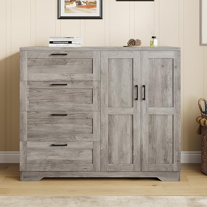 GarveeHome Multifunctional Wooden Dresser for Bedroom, 43.3 in H 2 Door Wardrobe Armoire Closet with 4 Drawers and Hanging Rod, Low Storage Cabinet for Hanging Cloth, Gray