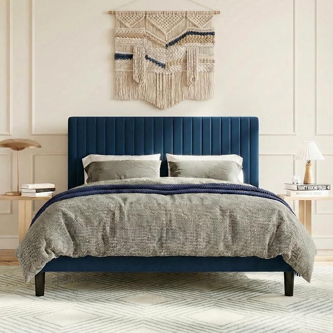 SHA CERLIN Full Upholstered Platform Bed Frame with Vertical Channel Tufted Velvet Fabric Adjustable Headboard, Wooden Slats Support, Mattress Foundation, Box Spring Optional, Blue