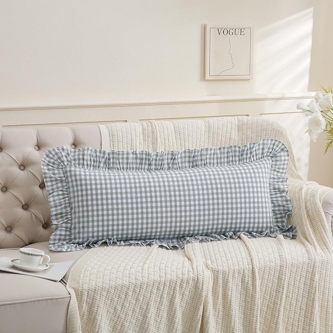 Light Blue/White Ruffled Long Lumbar Gingham Pillow Sham 14x36 inches 1 Piece, Pure Cotton Decor Pillowcase Farmhouse Vintage Cushion Cover for Bed Livingroom