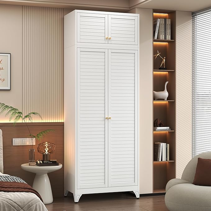Polup Metal Armoire Wardrobe Closet, 86" Tall Wardrobe Armoire with Hanging Rod, Almirah for Clothes with Doors, 18" D x 32" W x 86" H, White, Assemble Required, Shipped in Two Packages