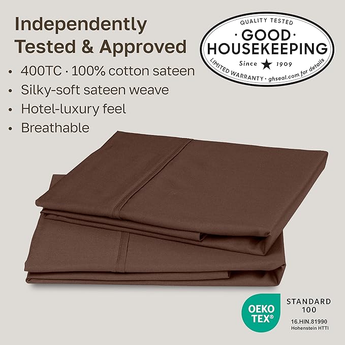 California Design Den Standard/Queen Size Pillowcase Set - Soft 400 Thread Count Sateen, 100% Cotton Pillowcases, Set of 2 Pillow Covers, Breathable, Espresso Chocolate Brown