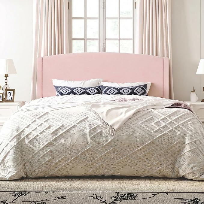 SHA CERLIN King Size Bed Frame with Soft Teddy Fabric, Boucle Upholstered Platform Bed, Curved Headboard Design, Wooden Slats Support, Noise-Free, No Box Spring Needed, Easy Assembly, Pink