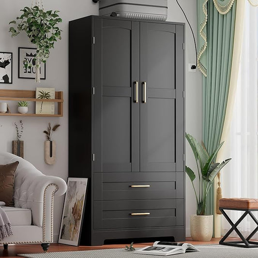 Wooden Armoire Wardrobe Closet with 2 Drawers, Bedroom Armoires with Door and Shelves, Freestanding Wardrobe Clothing Storage Cabinet with Hanging Rod for Bedroom, Laundry Room, Cloak Room（Black）
