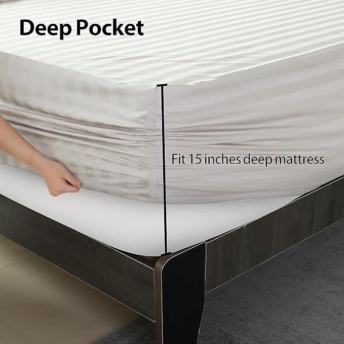 2-Pack Pure Cotton Twin XL Fitted Sheet for Adjustable Bed Split King, 600 TC 16" Deep Pocket Egyptian Cotton Fitted Sheet (2pcs, Twin XL, Stripted Light Beige)