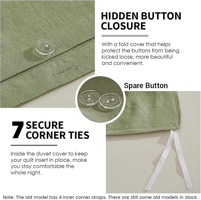 Simple&Opulence 100% Linen Duvet Cover Set 2pcs Basic Style Natural French Washed Flax Solid Color Soft Breathable Farmhouse Bedding with Button Closure - Sage Green, Twin