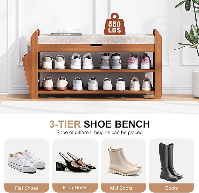 PETKABOO 31.5" Bamboo Shoe Rack Bench with Coat Rack, 3-Tier Entryway Bench with Thick Cushion, Flip-Top & Side Baskets, Holds Up to 550 LBS for Hallway, Living Room, Bedroom