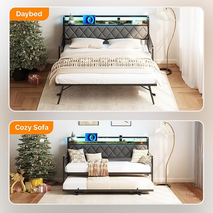 VINGLI Full Daybed with Trundle Bed, Upholstered Day Bed with LED Light & Charing Station, Sofa Bed Frame with Storage Headboard and Heavy Duty Metal Slats, for Living Room, Bedroom, Guest Room, Gray