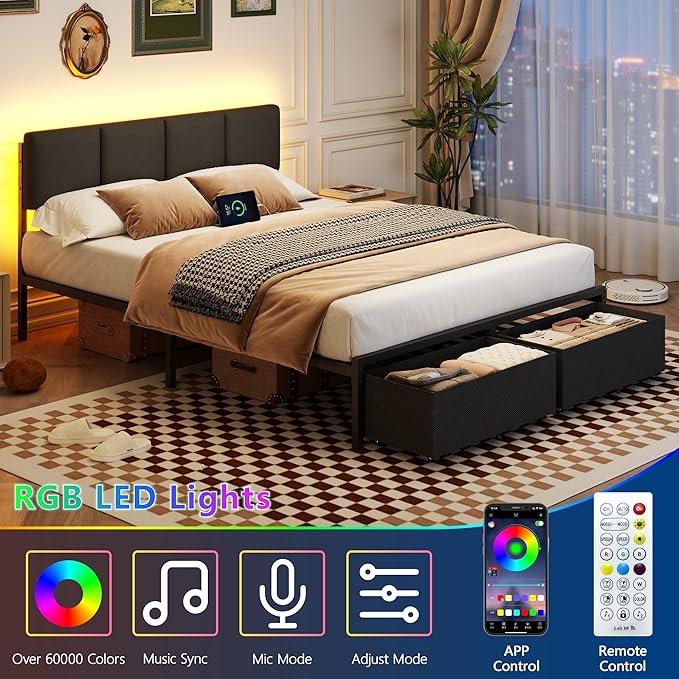Furnulem Queen Bed Frame with Charging Station and LED Lights, Upholstered Headboard, Metal Platform Bed with 2 Fabric Storage Drawers, Noise Free, No Box Spring Needed, Gery