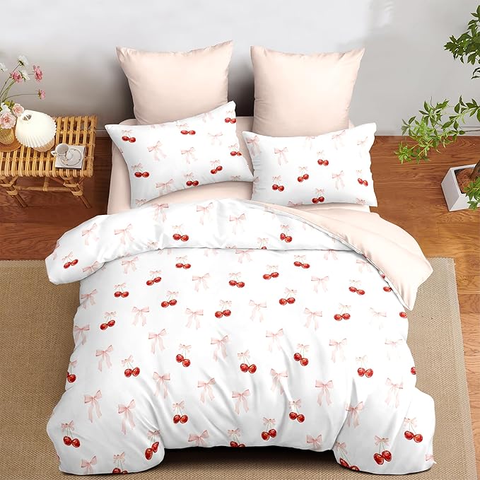 Nayoroom Pink Bow Duvet Cover Full Size Reversible Red Cherry Duvet Cover 3 Pieces Soft Lightweight Microfiber Kids Girls Cute Aesthetic Dorm Bedding Set