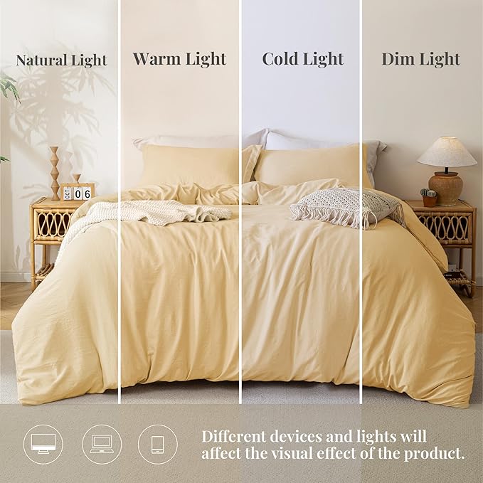 MILDLY Super Soft Duvet Cover - 100% Washed Microfiber Butter Yellow Comforter Cover Set 3 Pieces with Zipper Closure & Corner Ties