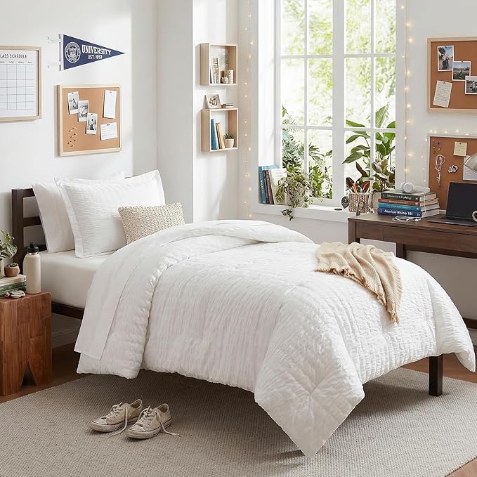 CozyLux Twin XL Seersucker Comforter Set with Sheets White 5 Pieces Bed in a Bag Twin Extra Long Luxury Soft Bedding Sets for College Dorm with Down Alternative Comforter, Sheets, Pillowcase & Sham
