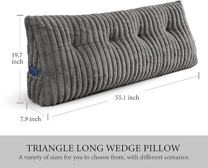 Headboard Pillow Full, Triangular Wedge Pillow Headboard Full, Cushion Headboards Reading Pillows, Backrest Pillows for Sitting in Bed or Working with Removable Cover, Grey