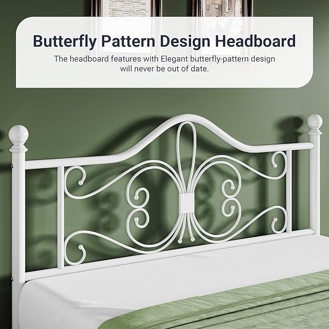 Allewie Queen Size Bed Frame with Headboard,Metal Bed Frame with Butterfly Pattern Design Headboard & Footboard,No Box Spring Needed,Easy Assembly,White