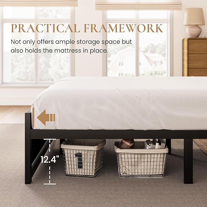 SHA CERLIN King Size Bed Frame with Modern Headboard, Heavy Duty Platform Metal Base with Footboard and 13 Slats Support, No Box Spring Needed, Black