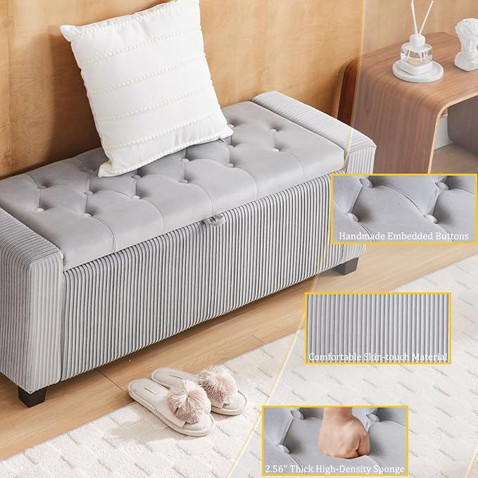 Storage Ottoman Bench, Bench for Bedroom End of Bed, Ottoman with Storage for Living Room and Entryway (Velvet Light Grey)