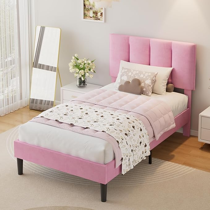 VECELO Twin Size Bed Frame with Upholstered Headboard, Heavy-Duty Bedframe with Wooden Slats & Steel Framework, Easy Assembly, Pink