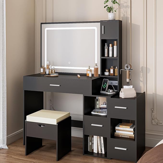 Vanity Desk with LED Lighted Mirror, Sliding Side Cabinet with Expandable Storage, Makeup Table with Drawers & Shelves, Built-in Power Outlet, Vanity Set with Storage Stool for Bedroom (Black)
