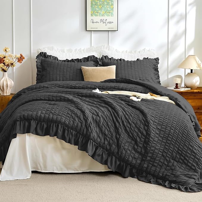 JOLLYVOGUE Black Queen Comforter Set, 3 Pieces Seersucker Comforters Queen Size, Lightweight & Fluffy Bedding Sets Queen for All Season with 1 Ruffle Comforter and 2 Ruffle Pillowshams